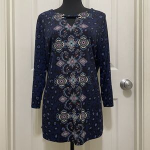 Croft‎ & Barrow Boho Tunic Top Keyhole Neck 3/4 Sleeve Blue Leopard Print Large